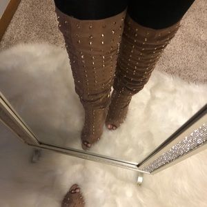 Peep toe studded thigh high boots